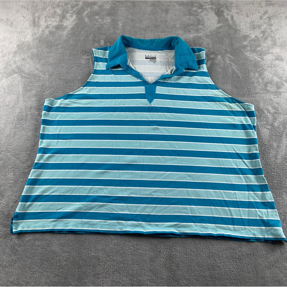 Basic Editions Womens 4X Sleeveless Polo Shirt Teal‎ Aqua Striped Cotton Blend